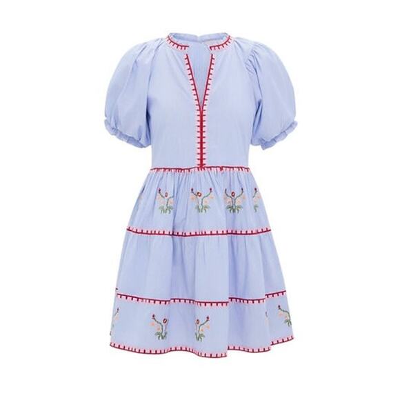 HYACINTH HOUSE Blue Pinstripe Embroidered V-Neck Lillian Mini Dress Size XS NWT - Picture 8 of 8